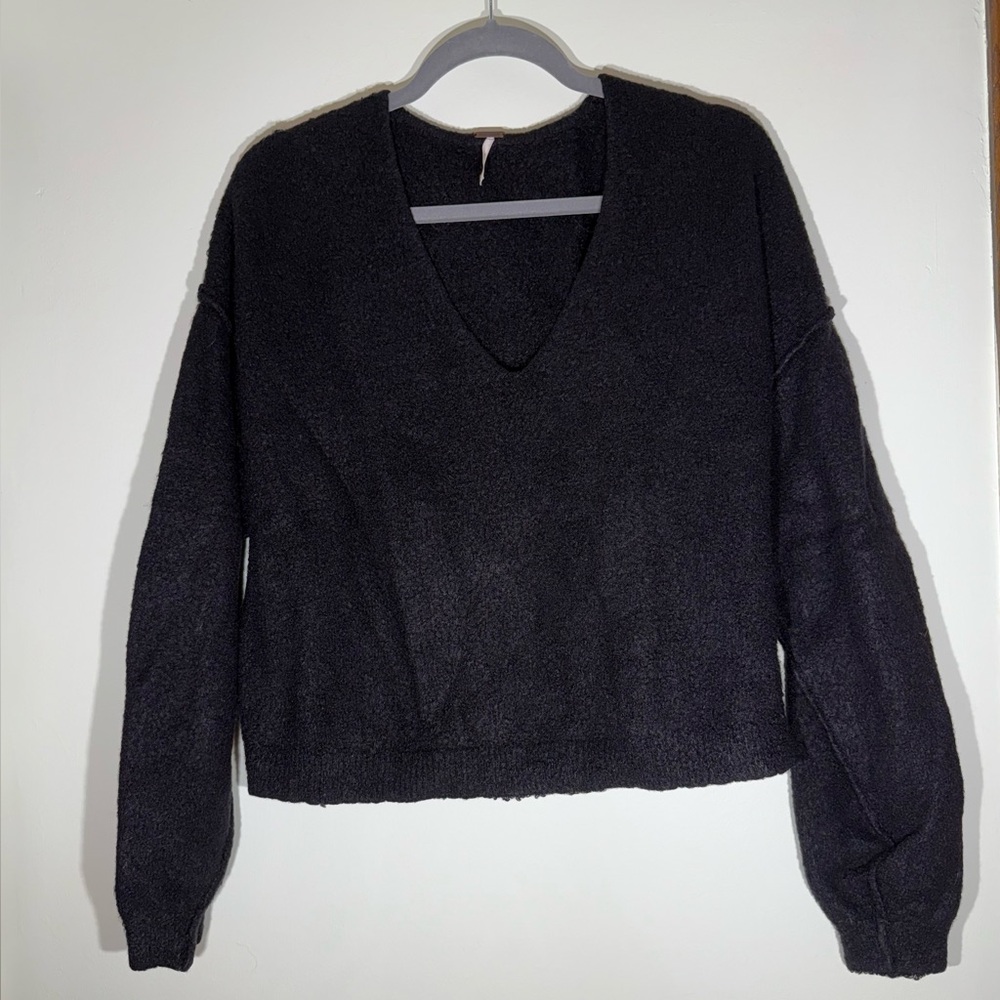 Free People Black V-Neck Sweater Soft Plush Minimalist Cozy Sweater Timeless